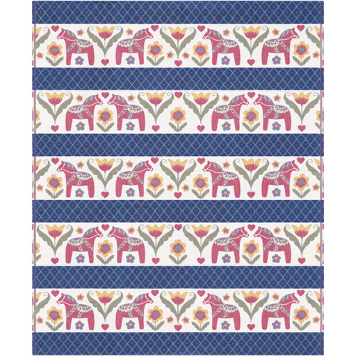 Blue throw blanket with woven Swedish folk art pattern of