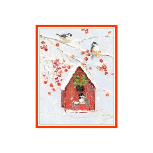 Holiday greeting card featuring a red birdhouse, snowy branches, and chickadees against a light blue background.