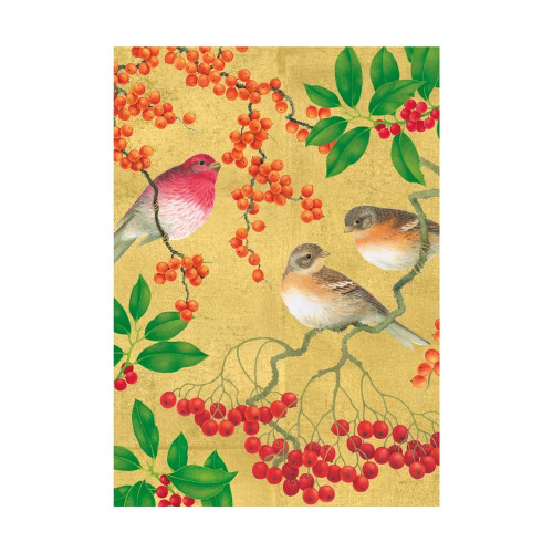 Christmas card illustration featuring three birds, green leaves, and red berries on a gold background.