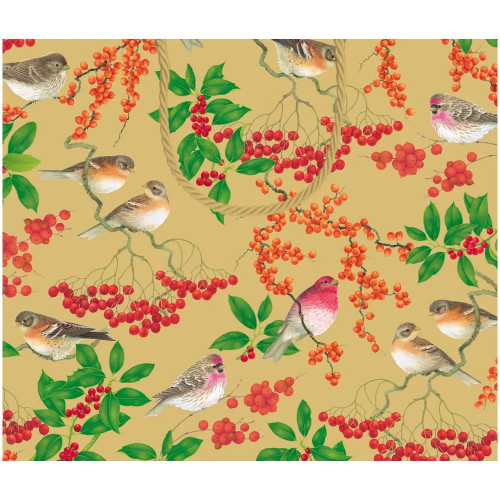 Tan gift bag patterned with brown and pink finches, green leaves, and clusters of red berries.