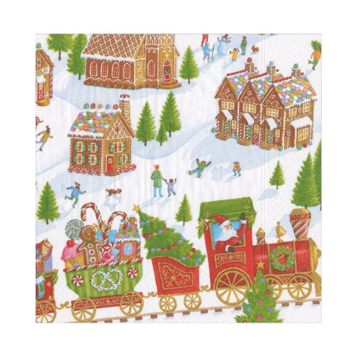 Caspari paper napkins featuring a festive gingerbread village and Santa on a train.