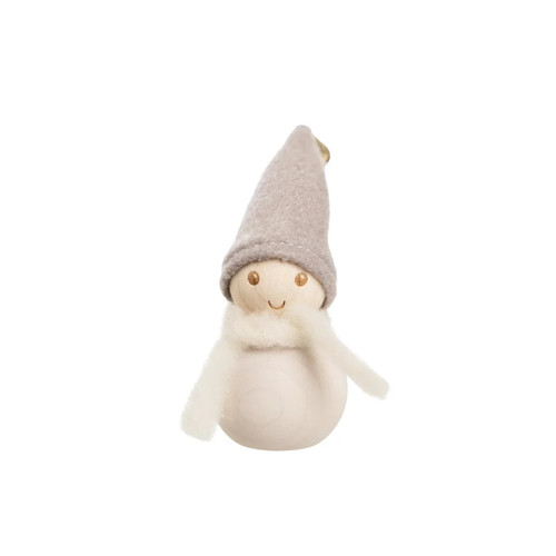 Aarikka wooden elf figurine with a grey felt hat, white wool scarf, and spherical body.