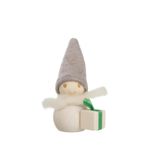 Aarikka Tonttu wooden elf ornament in a grey felt hat holding a gift with green ribbon.