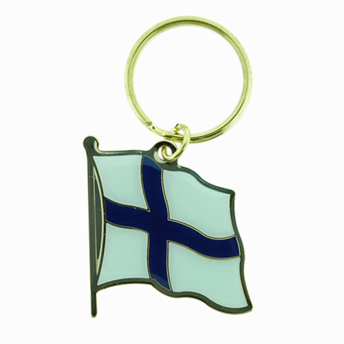 Finland flag key ring, brass, blue and white enamel, gold ring, waving flag design.