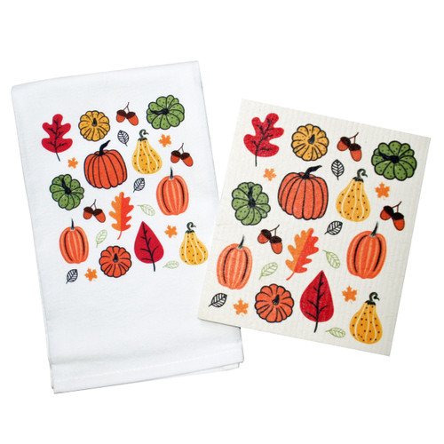 Swedish Dishcloth & Towel Set - Pumpkins & Leaves - 2 Pc's