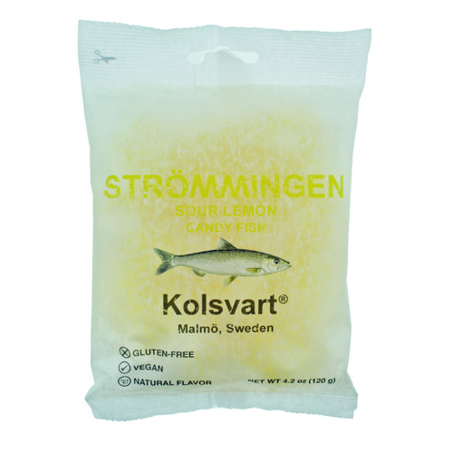 Frosted white bag of Kolsvart Strömmingen sour lemon candy fish with a picture of a fish.