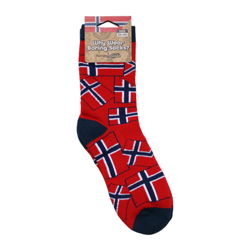 Red crew socks featuring multiple Norwegian flag motifs, with dark blue heels, toes, and hanging product tag.