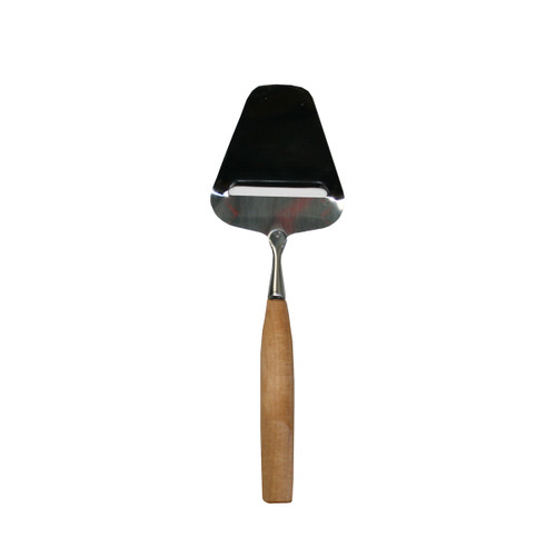 Swallings 9-inch cheese slicer with a stainless steel blade and a light alderwood handle, viewed from the front.