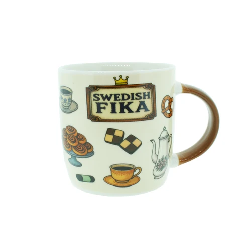 A white ceramic mug with a brown handle, decorated with illustrations of Swedish pastries, coffee, and "SWEDISH FIKA" text.