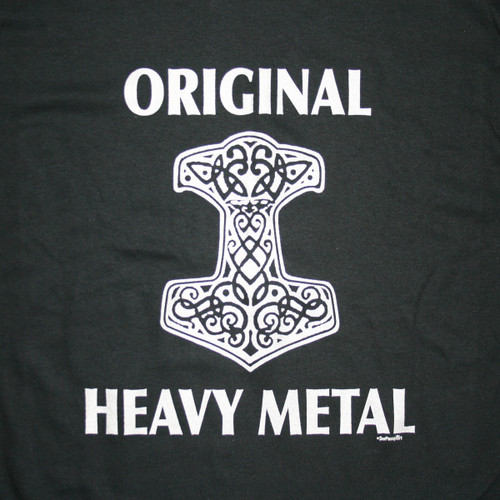 Black t-shirt with white graphic of Thor's hammer, featuring "Original" above and "Heavy Metal" below.