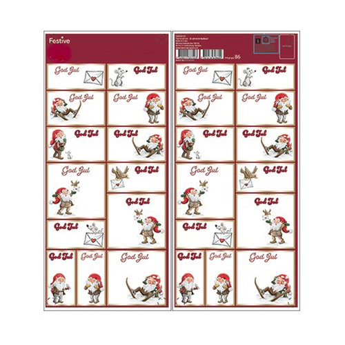 Two sheets of festive holiday labels featuring Swedish Tomte gnomes, mice, and "God Jul" text.