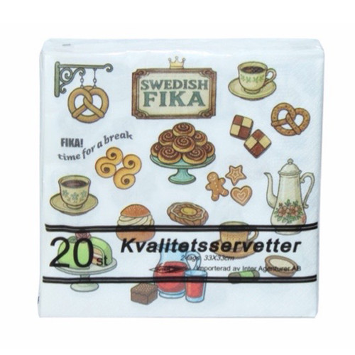 A pack of white Swedish Fika paper napkins featuring colorful illustrations of coffee, pastries, and pretzels.