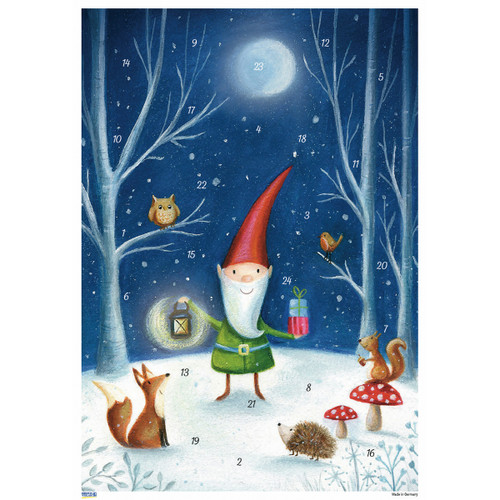 Illustrated winter advent calendar card featuring a gnome holding a lantern and gift, surrounded by forest animals.