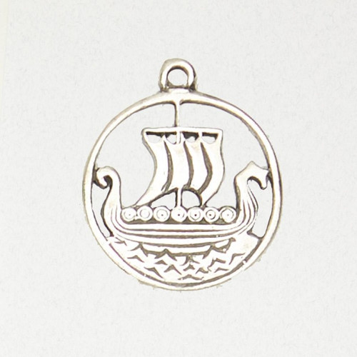 Viking Ship in Circle Pewter Pendant - Black Rope Necklace