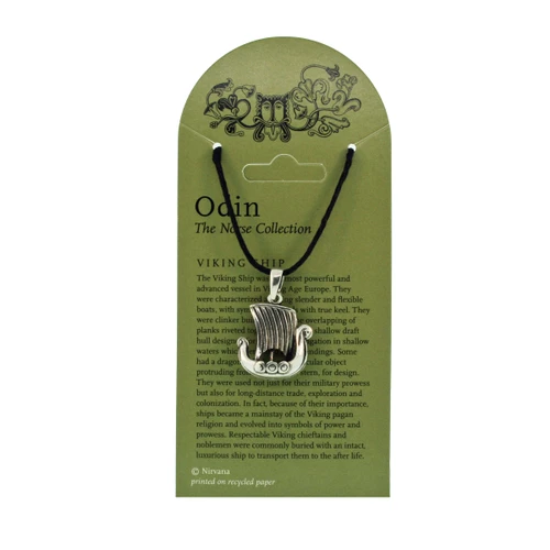 Viking ship pewter pendant on a black cord necklace, displayed on a green card.