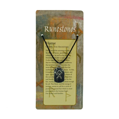 Silver pewter rune pendant on black cord necklace, displayed on printed legend card.