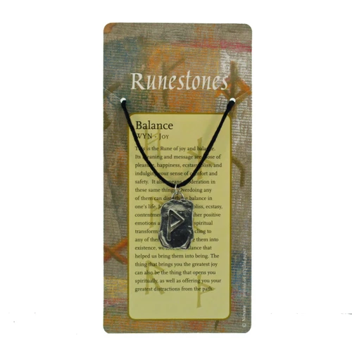Pewter rune balance pendant on a black cord necklace, mounted on a recycled legend card.
