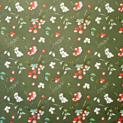 Olive green wrapping paper patterned with clusters of red lingonberries, white flowers, and green leaves.