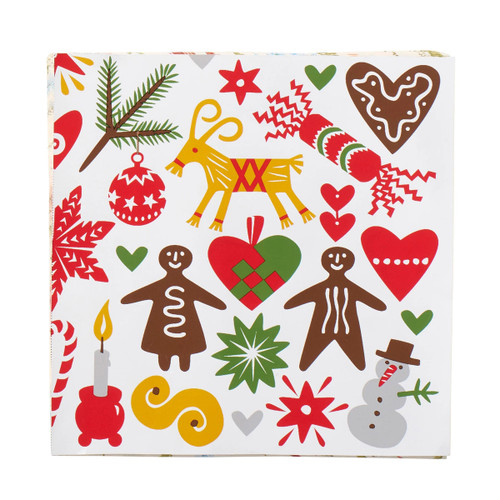 Pack of Klippan holiday napkins featuring festive Swedish illustrations of gingerbread men, reindeer, and stars.