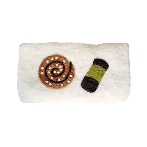 White felt coin purse with a cinnamon bun and green pastry design.