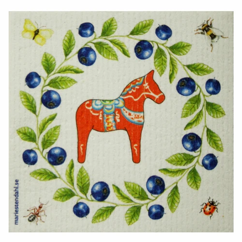 Ivory Swedish dishcloth featuring a red Dalahorse inside a blueberry wreath with leaves and insects.