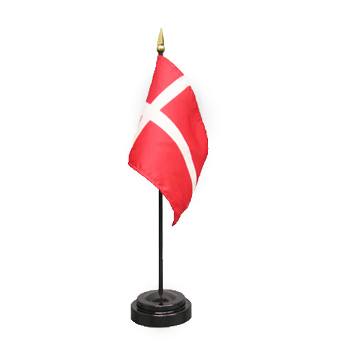 Red and white Danish flag on a black stand, with a gold finial.