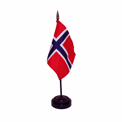 Norway table flag on black stand, red, white, blue, polyester fabric, gold finial, indoor display.