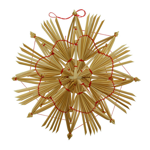 Natural straw star ornament with red string detail, 7" diameter