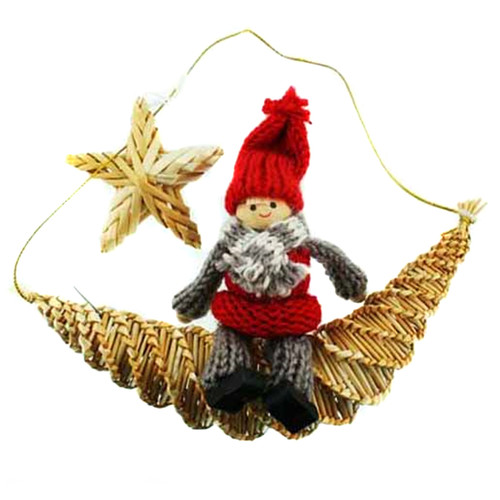 Tomte-Santa on Moon Straw Decoration (H1-736)