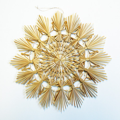 Straw snowflake star ornament, natural straw color, circular design, top-down view, hanging string.