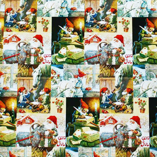 Wrapping paper with repeating Santa Claus scenes in a collage style; red, green, and white.