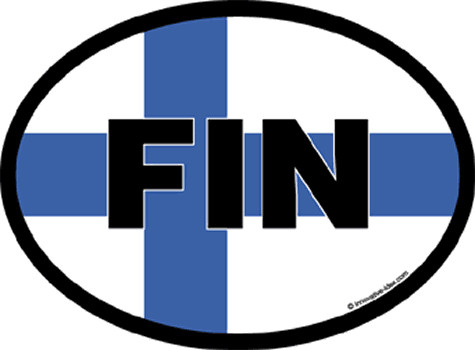 Finland car decal, oval shape, white background, blue cross, black "FIN" letters, black border.