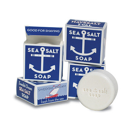 White sea salt soap with blue boxes, anchor logo, "Sea Salt Soap".