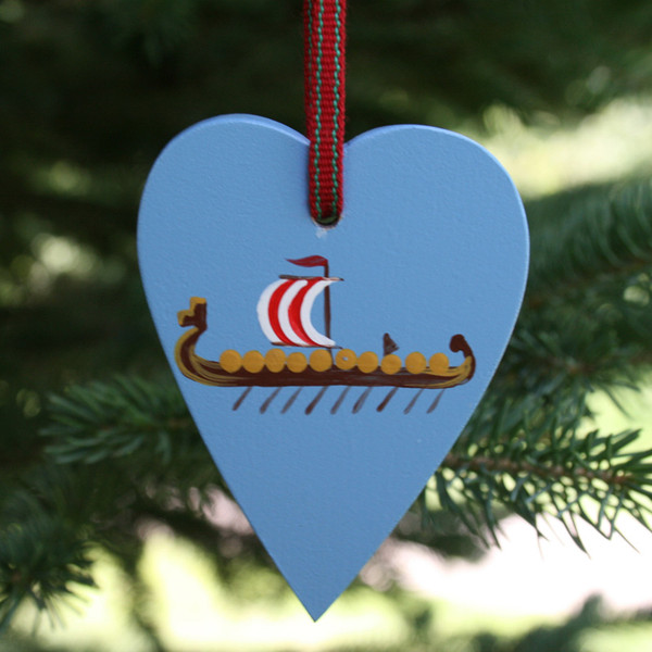 Viking Ship on Heart Ornament - Wooden (3663)