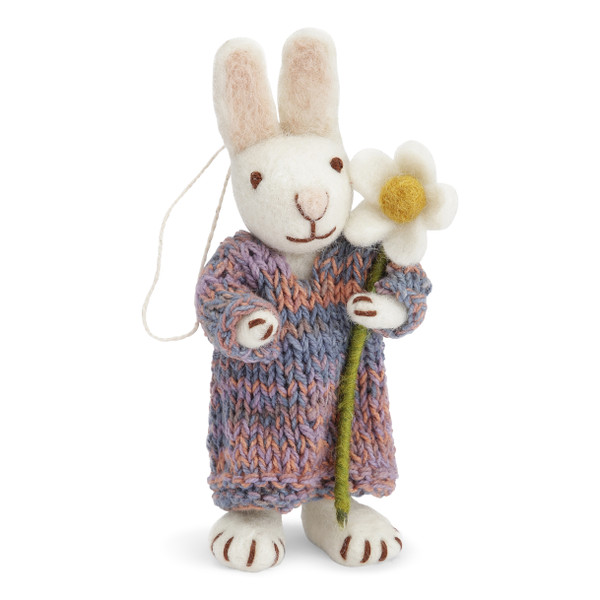 White Felt Bunny w/Multicolor Dress and Marguerite