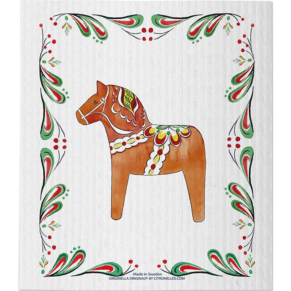 The Dalahorse and Leaves Swedish dishcloth with a red dala horse design