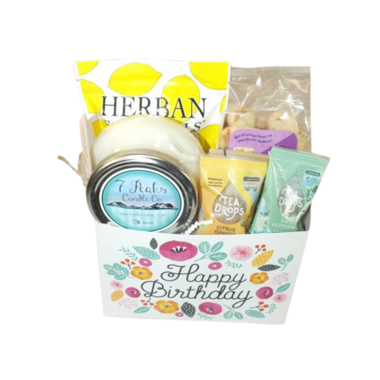 All Things Lemon - Birthday includes Lavender-lemon shortbread cookies, Herban Essentials Lemon towelettes 7 individually packaged , Lemon Drop Candle (Notes of Sugar and Lemongrass) and Bend Soap Lemongrass Bar. and 2 Tea Drops.