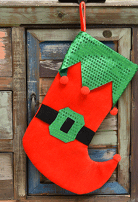 SKU565 SEQUINED ELF STOCKING WITH POM POMS
