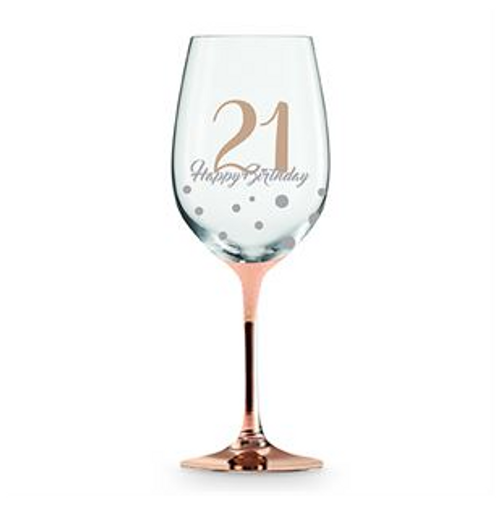 21 HAPPY BIRTHDAY ROSE GOLD STEM WINE GLASS