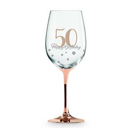 50 HAPPY BIRTHDAY ROSE GOLD STEM WINE GLASS 430ML