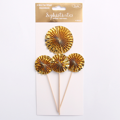 *4 pk Gold Mini Fan Wheel Decorations