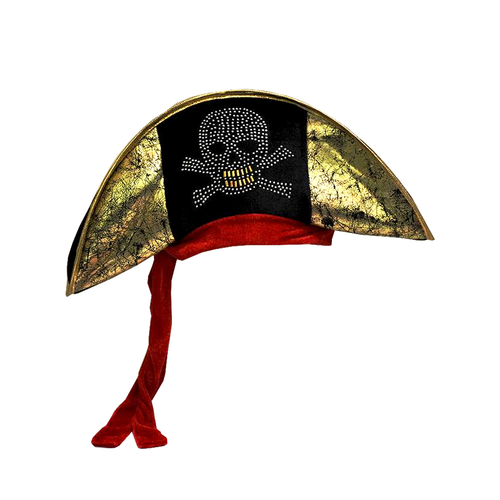 GOLD  PIRATE HAT  W/STUDDED SKULL & RED SASH