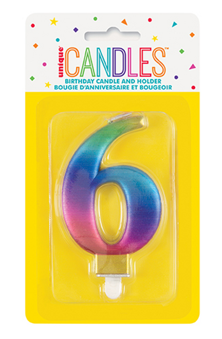 METALLIC RAINBOW B'DAY CANDLE - NUMBER 6