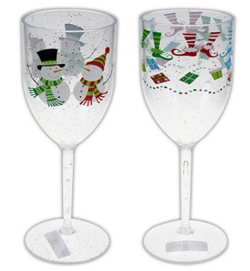 XMAS SILVER GLITTER PRINTED WINE GLASS 2ASST DESIGNS 21.59CM 1PC