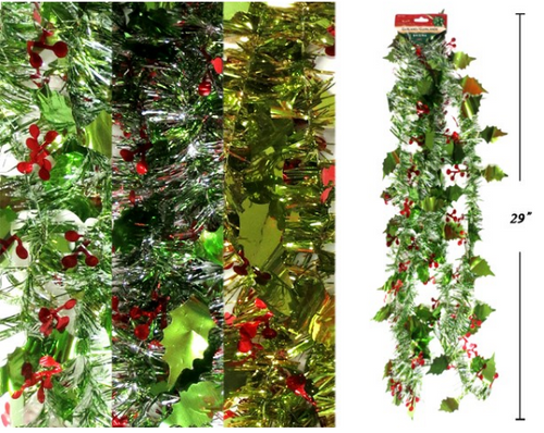 XMAS TINSELS HOLLY LEAF 3COLS 274CM 5CM 3PLY