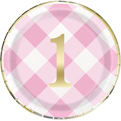 PINK GINGHAM 1ST BDAY FOIL 8 x 9" PLATE