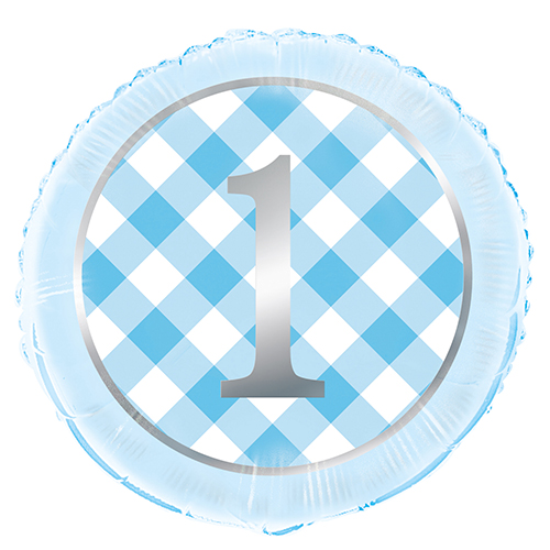 BLUE GINGHAM 1ST BDAY 18" FOIL BLN PKG