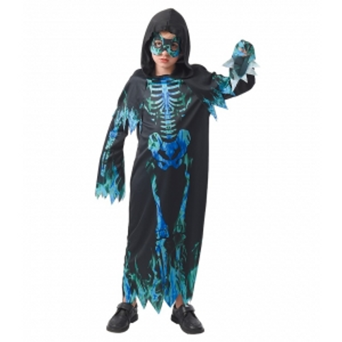 BOYS BLUE FLAME SKELETON, MASK HOODED ROBE BOYS BLUE FLAME SKELETON, MASK HOODED ROBE