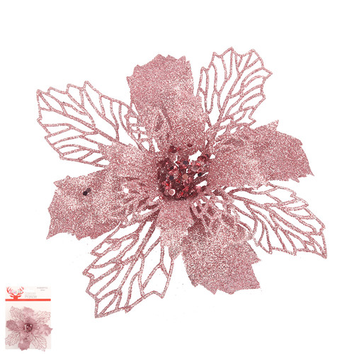 PINK GLITTER POINSETTIA W/CLIP 15CM