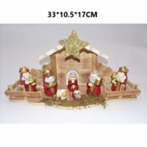 NATIVITY SET CUTE S/7 IN WOODEN HOUSE + LED 33*10.5*17CM
